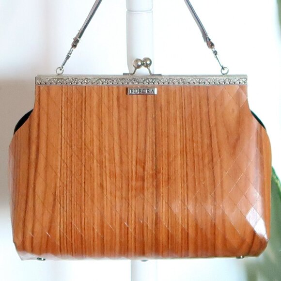 FUSCRA Sofia Chestnut Wood Handmade Structured Top Handle Kiss LockBag Rare M